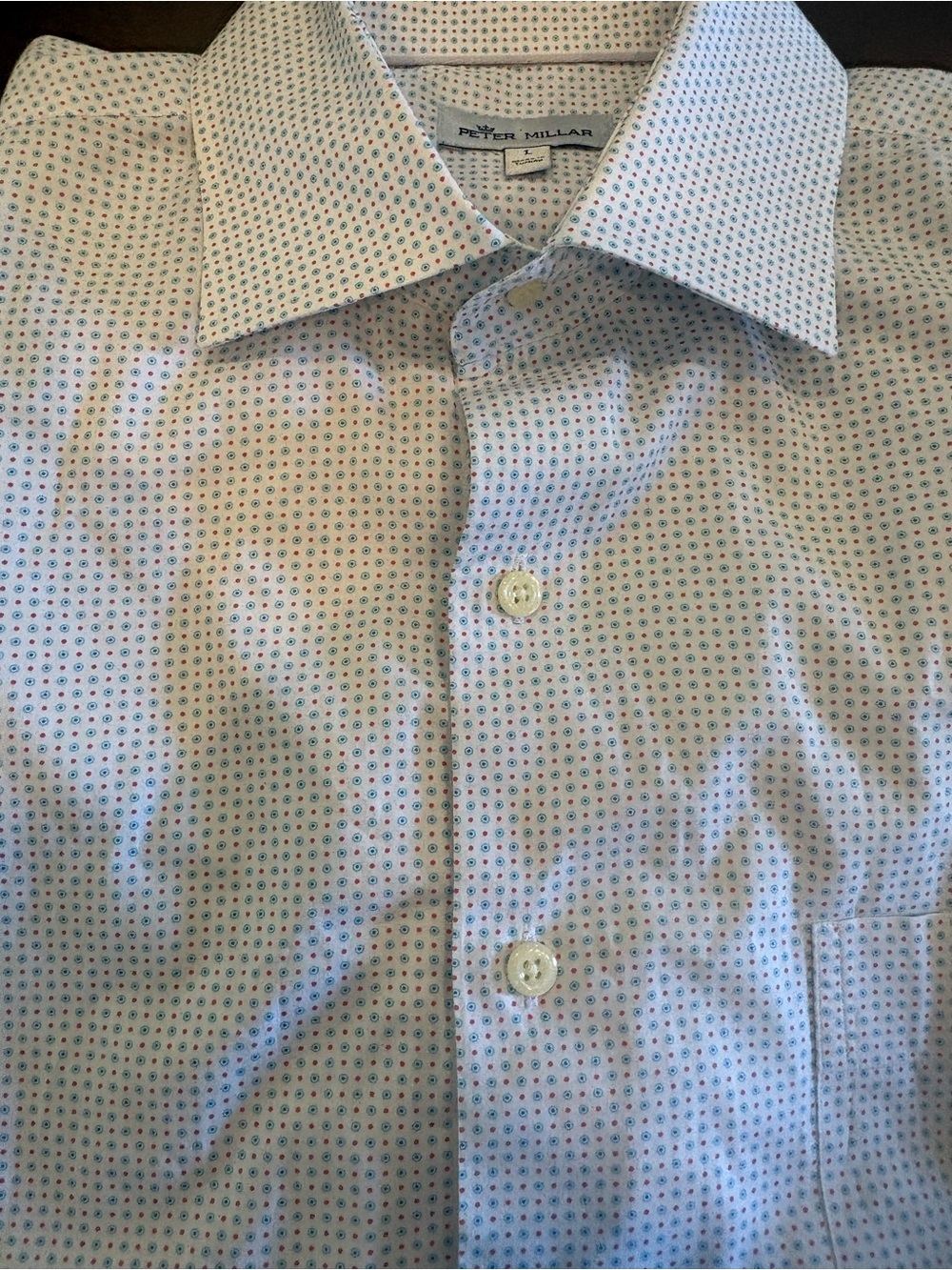 Peter Millar White Button-Down Shirt with Blue and Red Micro-Dot Print